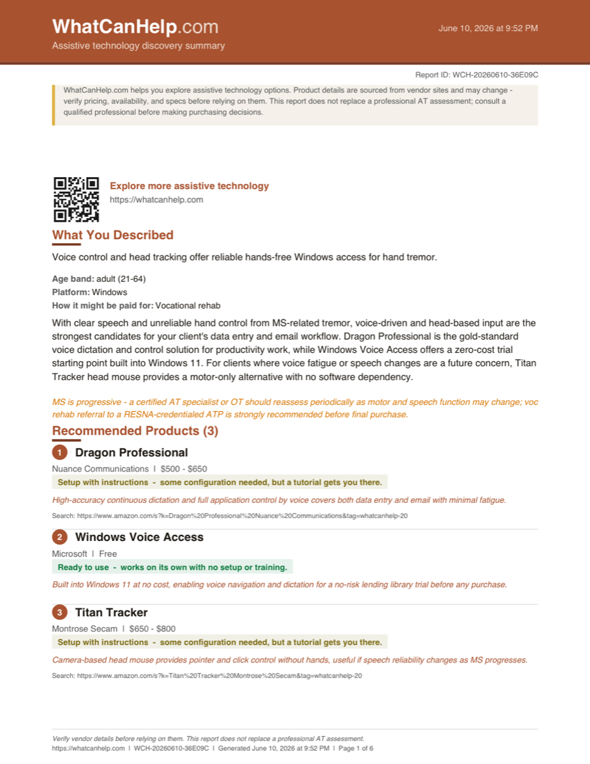 First page of a WhatCanHelp PDF report: a case summary describing hands-free Windows access needs, a consultation narrative, a professional-assessment advisory, and the first numbered product recommendation with price range and setup expectations.