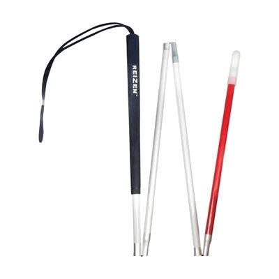A folding white cane shown unfolded in sections, with a red tip segment and a black carrying pouch with a wrist strap.