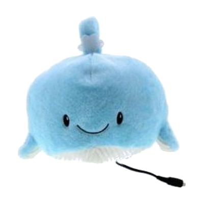 Blue and white whale toy with plug.