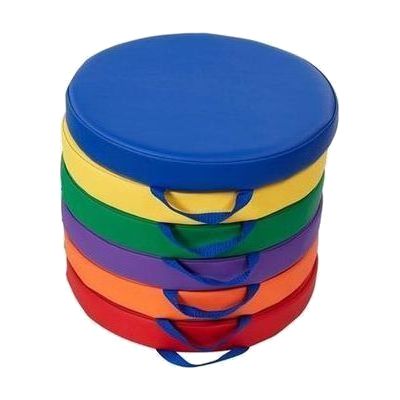 a stack of colorful floor cushions.