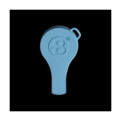 A light-blue plastic light source unit with a round embossed logo top and a small loop at the end of the handle.