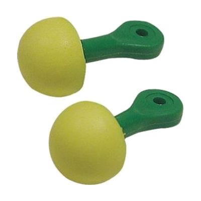 A pair of foam ear plugs with round yellow tips attached to green plastic handles with a hole in each.