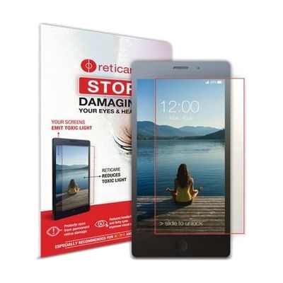 A rectangular screen protector film in its printed packaging beside a smartphone showing a lake and mountain wallpaper.