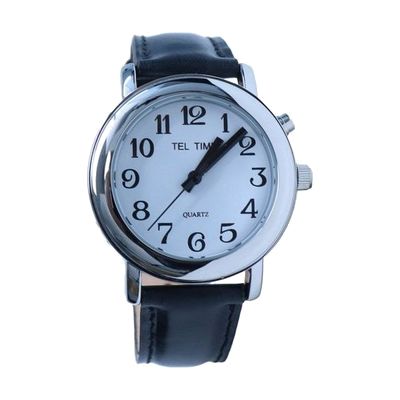 Unisex Talking Chrome Watch- Black Leather Band with White Face