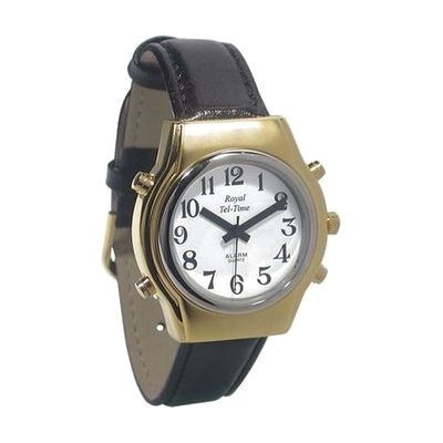 Mens Royal Tel-Time Talking Watch - White Dial - Black Leather Band