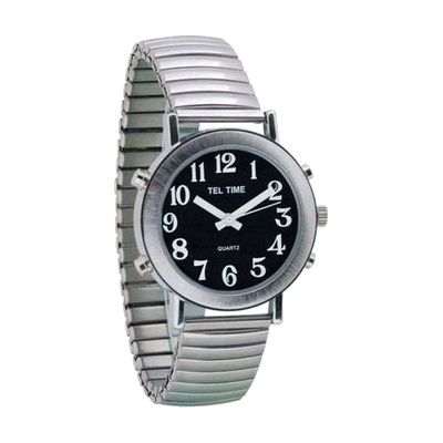 Tel-Time Mens Chrome Talking Watch - Black Face, Expansion Band