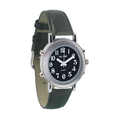 Tel-Time Ladies Chrome Talking Watch - Black Face, Leather Band