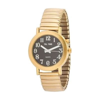 Tel-Time Mens Gold Tone Expansion One Button Talking Watch- Black Face