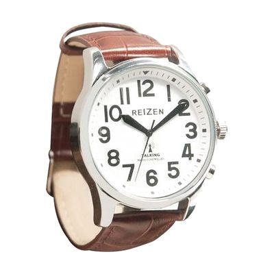 Reizen Big Face Talking Atomic Watch- Embossed Brown Leather Band
