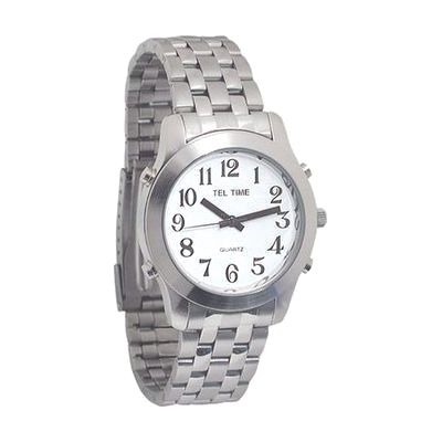 Mens Classic Tel-Time Chrome Talking Watch with White Dial-Chrome Bracelet Band