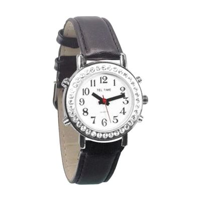 Ladies Talking Watch with Rhinestone Bezel and Leather Band- Spanish