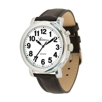 VocaTime Mens Chrome Talking Watch- Black Leather Band