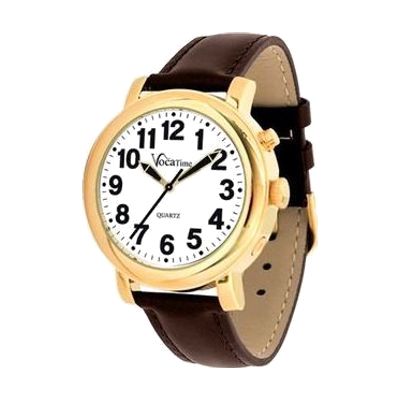 VocaTime Mens Gold Tone Talking Watch- Brown Leather Band