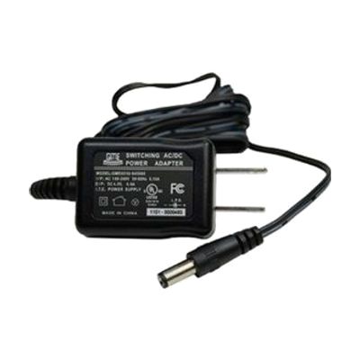 A black AC power adapter with a wall plug and a cord ending in a round connector.