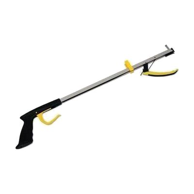 Long aluminum reacher with a soft grip handle at one end and a rubber-tipped claw jaw at the other