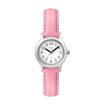 A wristwatch with a round white dial, black numerals, silver-tone case, and a pink leather strap with stitching.