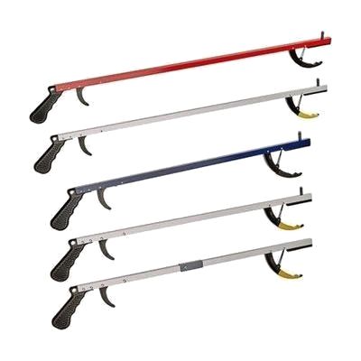 Slim aluminum reacher tool with pistol-grip handle and bright yellow serrated jaw at the extended end