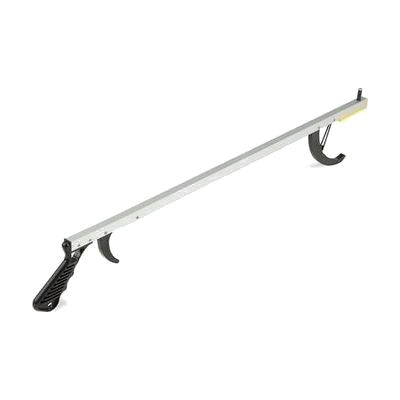 Long narrow reaching tool with pistol-grip handle and claw jaw at the tip, lightweight aluminum or plastic construction