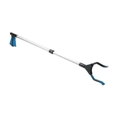 Silver telescoping reacher tool approximately 30-44 inches long with a small rotating claw jaw at one end and a pistol-grip h