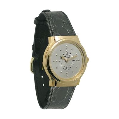 Mens Gold-Tone Quartz Braille Watch with Leather Band