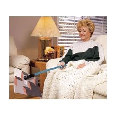 Slender elongated reacher tool with colorful rainbow-patterned handle and small suction cup tip at the gripping end