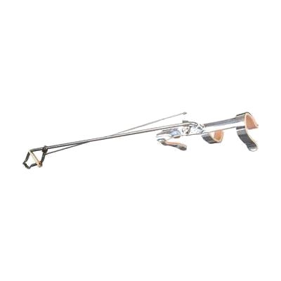 Long-handled reacher with a mechanical jaw and rubber band mechanism near the handle, designed for wrist-operated use