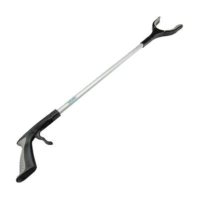 Long silver aluminum reacher tool with pistol-grip handle and rotating claw jaw at the tip, approximately 32 inches in length
