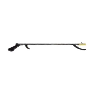 Slender aluminum reacher approximately 32 inches long with a pistol-grip plastic handle and small claw jaw at the tip