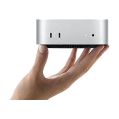 A small silver desktop computer with a black underside, balanced on a person's fingertips.