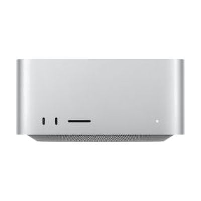 Compact silver rectangular desktop computer tower with Apple logo and connectivity ports on back