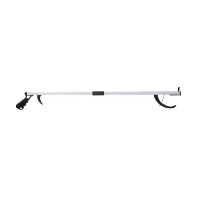 Slim aluminum reacher tool with a pistol-grip handle and a small jaw-style claw at the tip, silver in color
