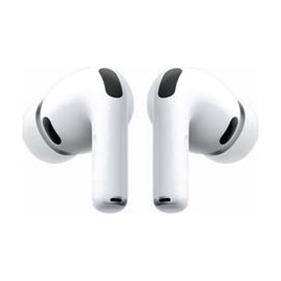 White wireless earbuds with silicone ear tips in multiple sizes, shown with compact white charging case