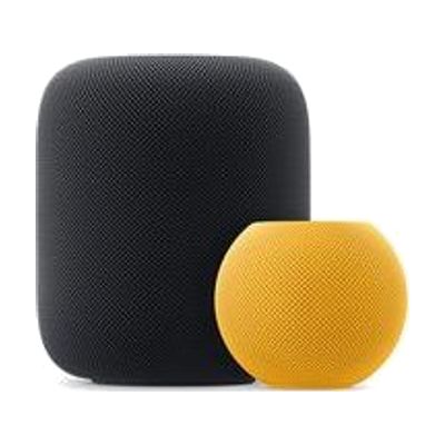 White cylindrical smart speaker with a fabric-wrapped body and touch-sensitive top surface