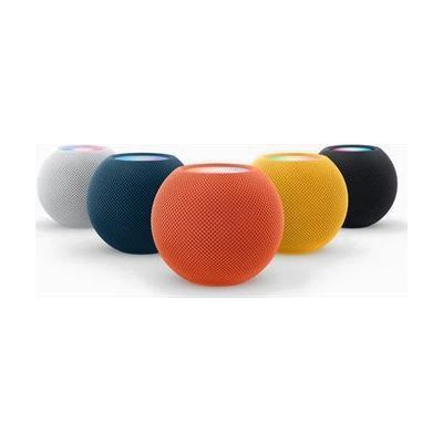 Small cylindrical white smart speaker with mesh fabric exterior and a dark circular base, approximately 3.3 inches tall