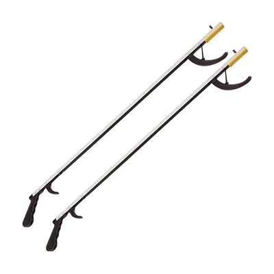 Two long-handled reacher grabbers with pistol-grip triggers and claw jaw tips, approximately 32 inches in length