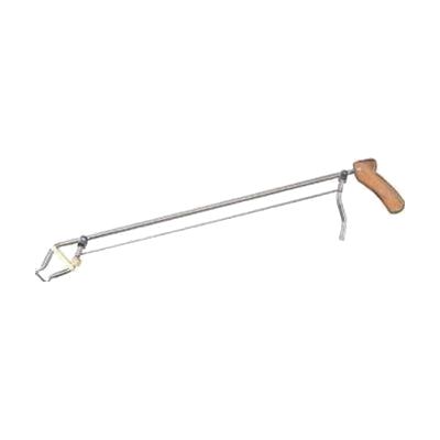 Long stainless steel reacher tool with dark wooden handle and rubber-tipped claw jaw, approximately 20-24 inches in length
