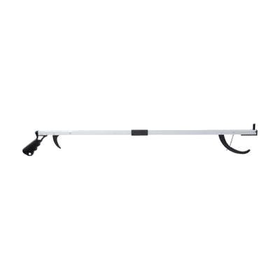 Long silver aluminum reacher stick with ergonomic pistol-grip handle and jaw-style grabber tip, approximately 32 inches in le