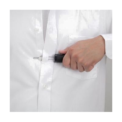 Button hook tool with a thick black cushioned oval handle and a thin wire loop extending from one end