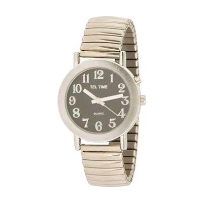 Tel-Time Mens Chrome Expansion One Button Talking Watch- Black Face