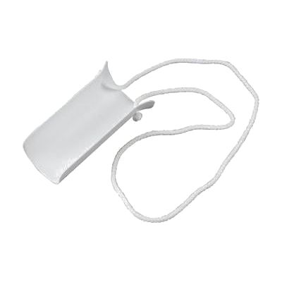 Curved plastic sock aid shell with two long fabric pull cords attached, designed to hold a sock open for foot insertion
