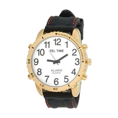 Large Dial Gold Tone Talking Vibrating Watch with Black Rubber Band