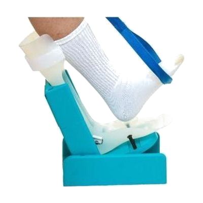A blue cradle-shaped device designed to hold and position a foot for easy entry into an AFO orthotic brace