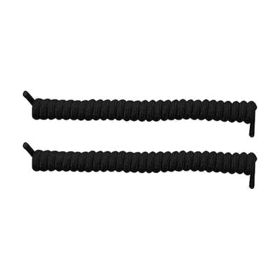 Coiled elastic shoelaces in a spiral spring shape, shown in black, suitable for standard shoe eyelets