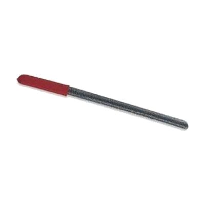 Long-handled shoehorn with steel shaft and rubber grip handle, shown in profile
