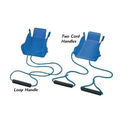 Flat plastic sock-donning aid designed to lie on the floor, with a curved toe form and attached pull cords