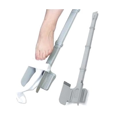 Curved plastic dressing aid with a sock frame at one end and a long handle with hook, in white or light gray