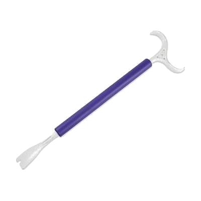 Long-handled dressing aid with a curved shoehorn tip on one end and a hooked dressing stick end on the other, in a neutral pl