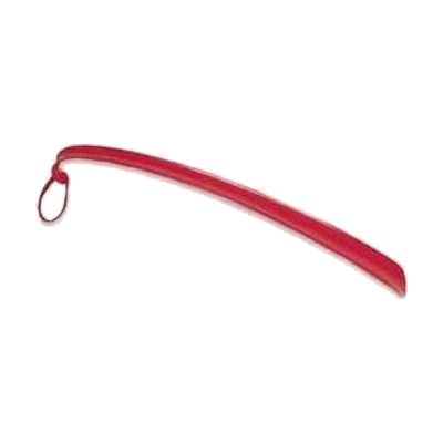 Long white plastic shoehorn approximately 16 inches in length with a curved end and a small hook at the handle top