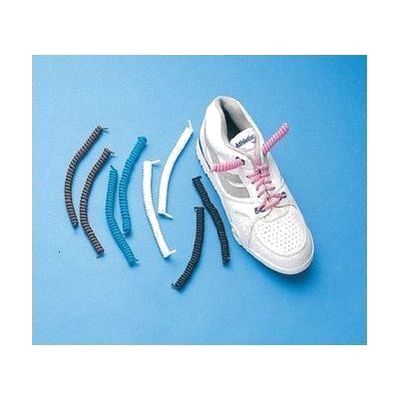Coiled spiral shoelaces in a bright color, resembling a telephone cord, laid flat