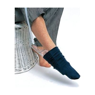 White rigid plastic curved stocking aid frame with two long fabric pull cords attached
